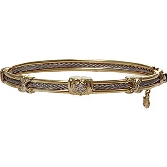Toestand Leraar op school grip 18k yellow gold and stainless steel Philippe Charriol designer diamond  bangle bracelet
